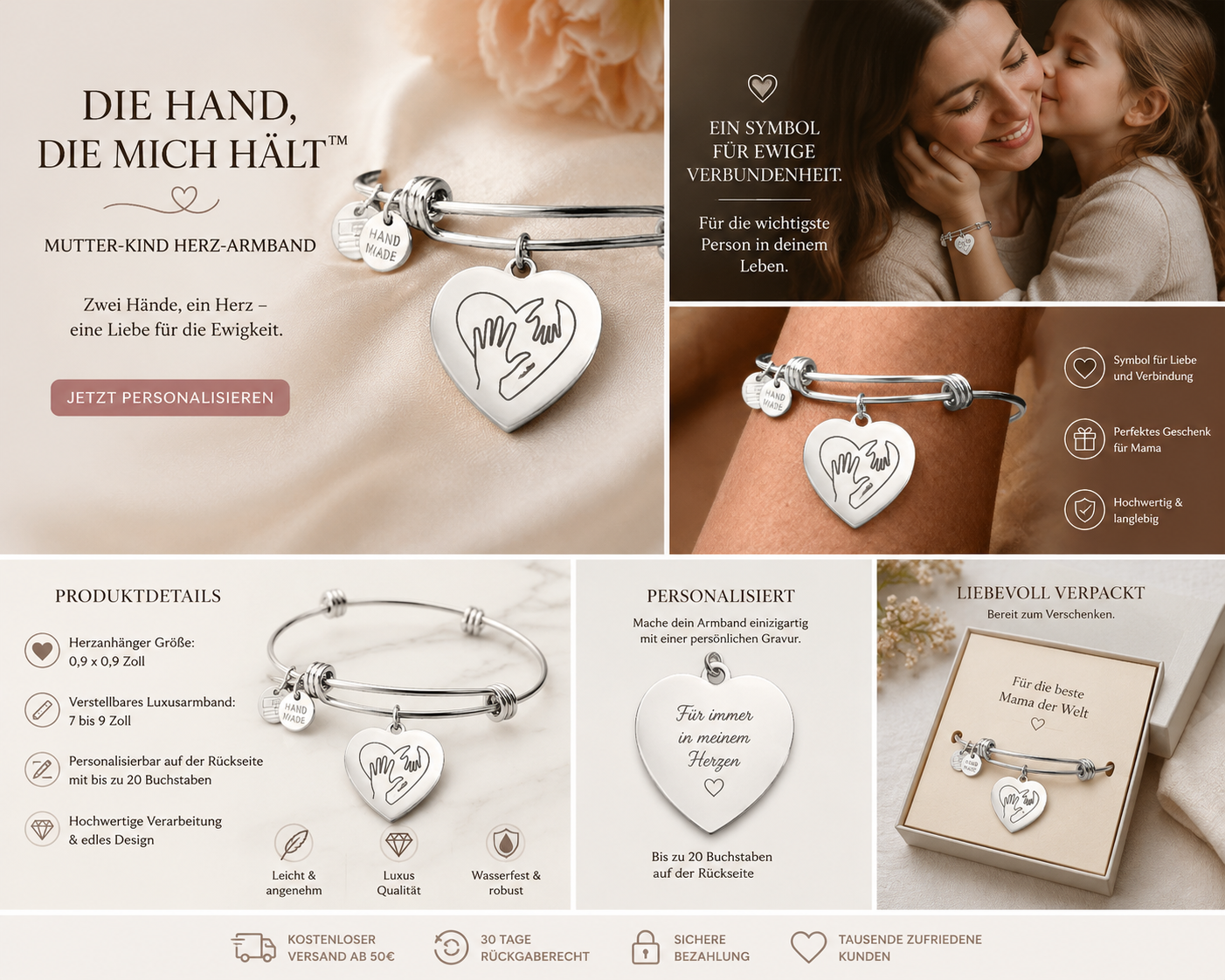 Die Hand, die mich hält – Mutter-Kind Herz-Armband